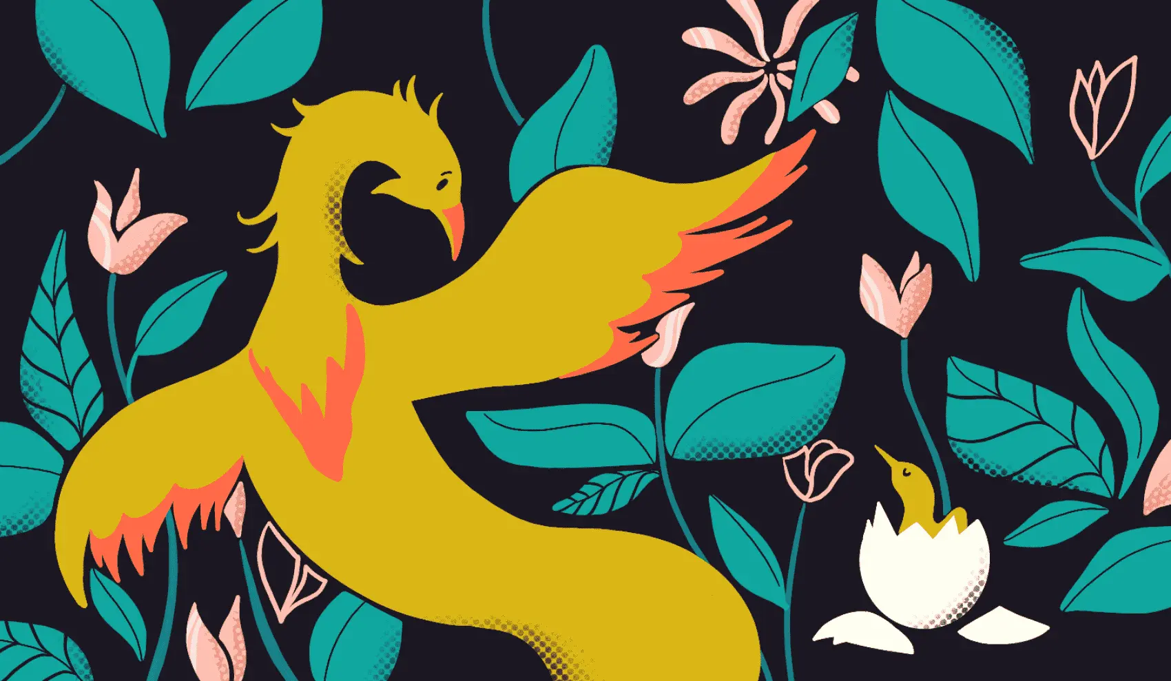 A baffled phoenix looks down at a serene-looking chick emerging from an egg.