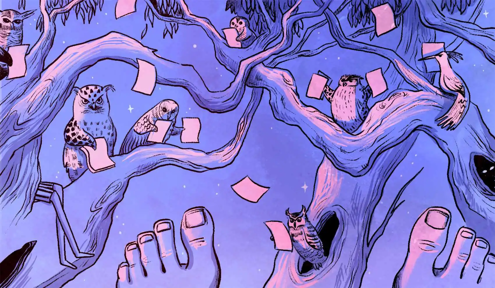 A parliament of owls meticulously inspecting various pages while in a tree. There's also two feet.