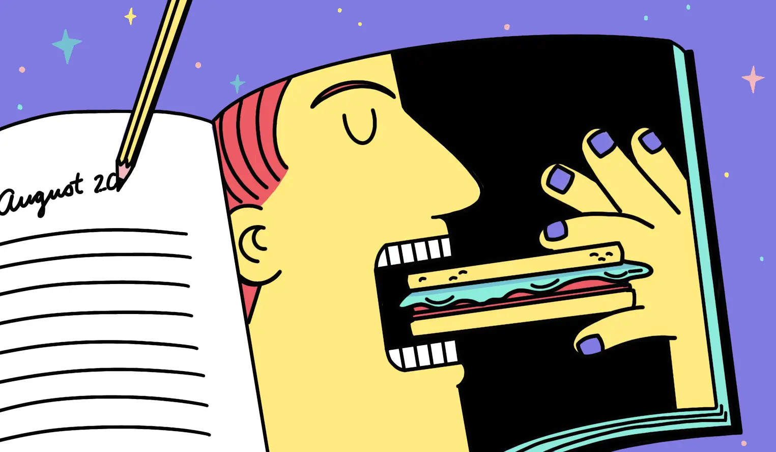 A pencil writing in a journal of sandwiches I've eaten.