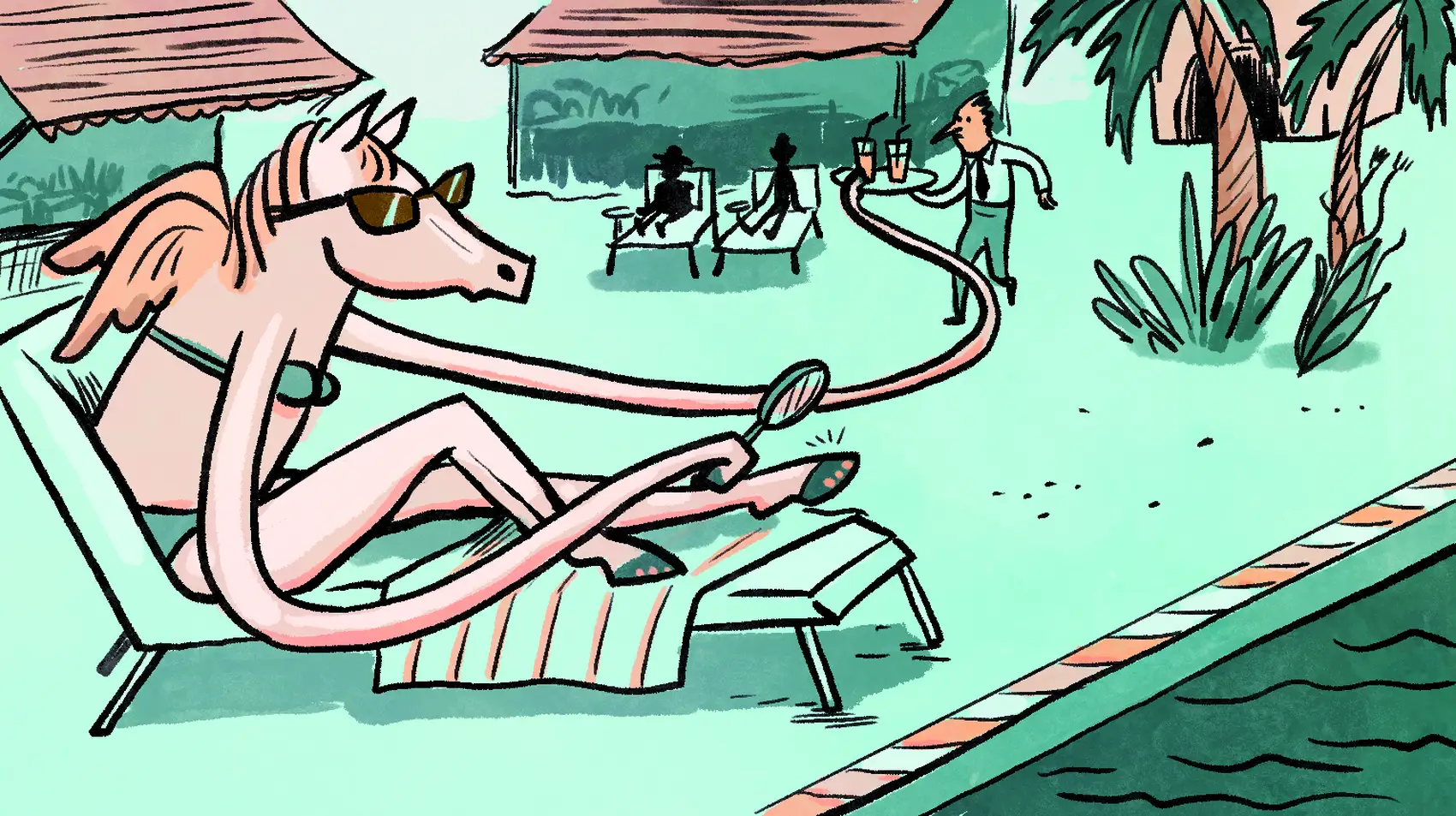 A unicorn by the pool taking a drink and checking its nails simultaneously.