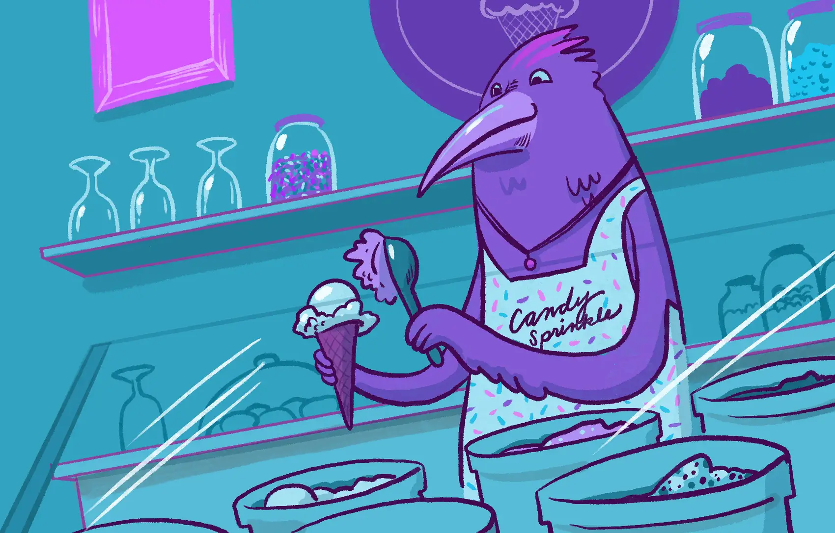 A bird behind an ice cream counter adding a second scoop of ice cream on top of a vanilla cone. On the bird's apron are the words 'Candy Sprinkles'