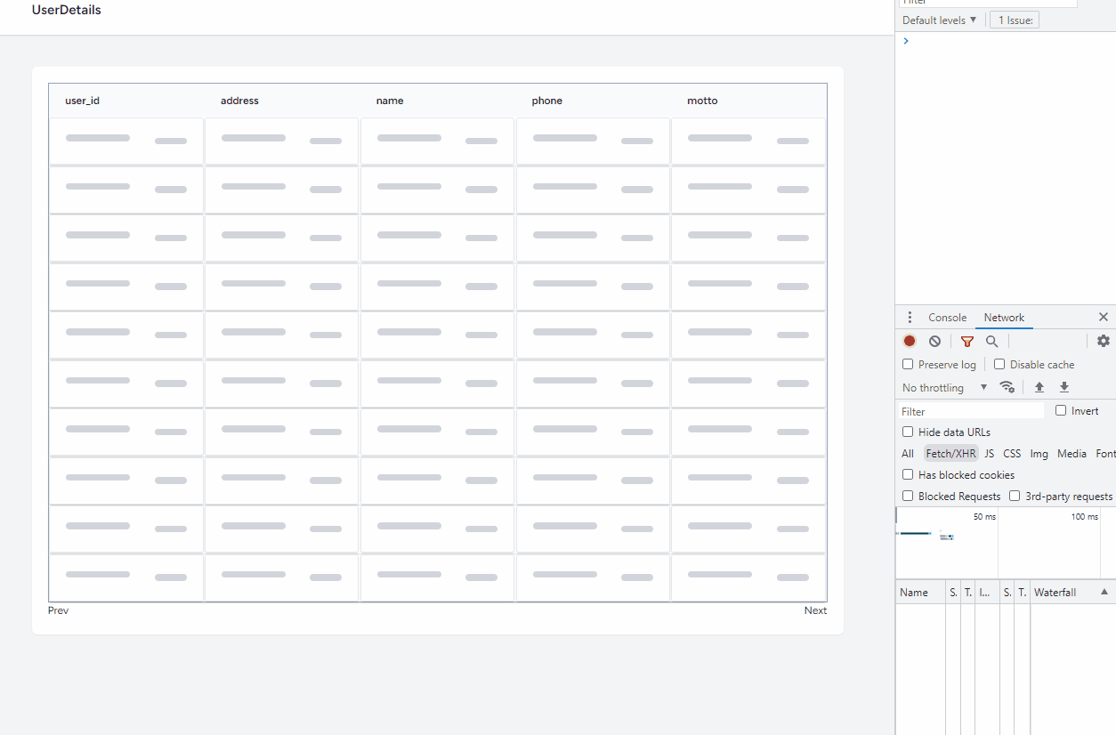 
 A gif of a table containing user details. The table initially shows the first page, containing rows from 1 to 10. Clicking on the "Next" button shows the second page, and in the background triggers a call to the server.
 After the call to the server two logs is shown on the browser console. The first an array of 30 items. The second a string: "Total Rows: 60".
 Clicking on the "Back" button moves back to the previous page containing rows 1 to 10, but it does not trigger a call to the server. 
 Clicking on the "Next" button again moves to the second page, rendering rows 11 to 20, and making another background call to the server to retrieve more data allowance. The console message displays: "Total Rows: 90"
