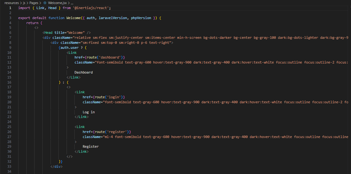 A screenshot of the Inertia's auto generated `resources/js/Pages/Welcome.jsx` file content.