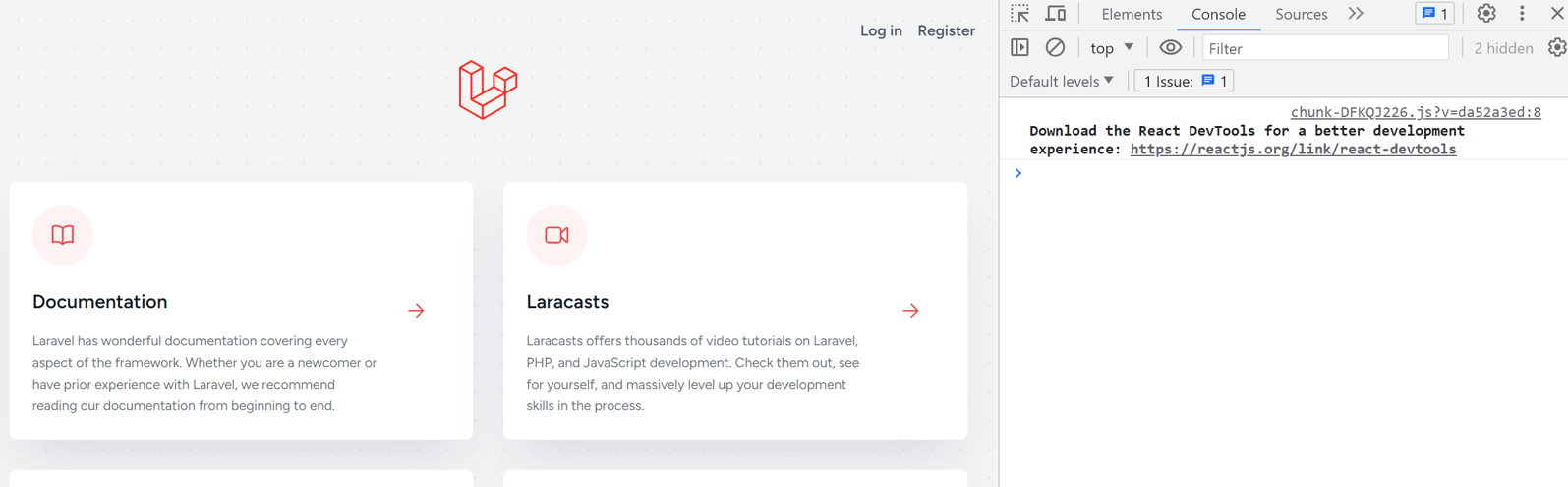 A screenshot of the Laravel's default landing page. With the console window open to the right. The console window contains React's message: "Download the React DevTools for a better development experience: https://reactjs.org/link/react-devtools"