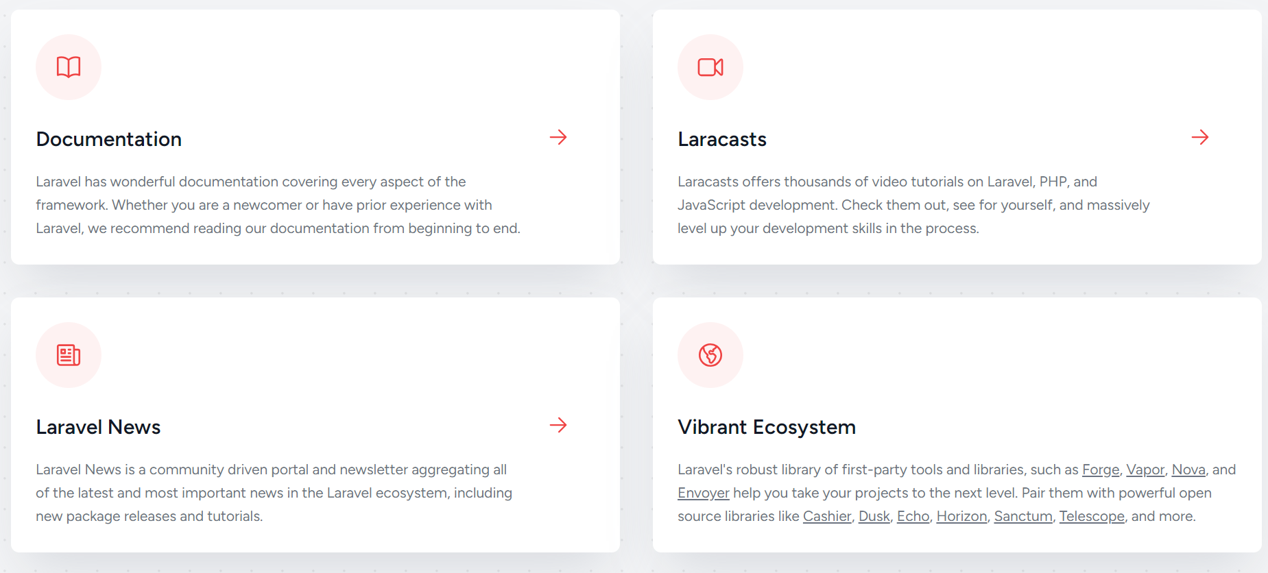 A screenshot showing the four box section in Laravel's default landing page. One of the box section contains the title, "Laravel News"