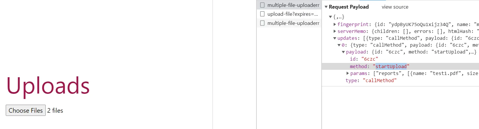 A screenshot of a browser page with the network inspector tab opened to the right. The page contains an Uploads title, and a file input selection with two files selected. The network tab shows three requests, with the first request's payload selected for inspection. The request payload contains several attributes, including an "updates.0.payload.method" attribute with value of "startUpload" 