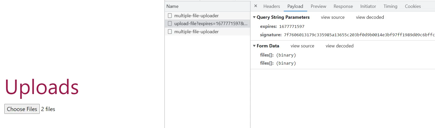 A screenshot of a browser page with the network inspector tab opened to the right. The page contains an Uploads title, and a file input selection with two files selected. The network tab shows three requests, with the second request's payload selected for inspection. The request payload contains several attributes, including Form data showing two binary values for an array called "files"