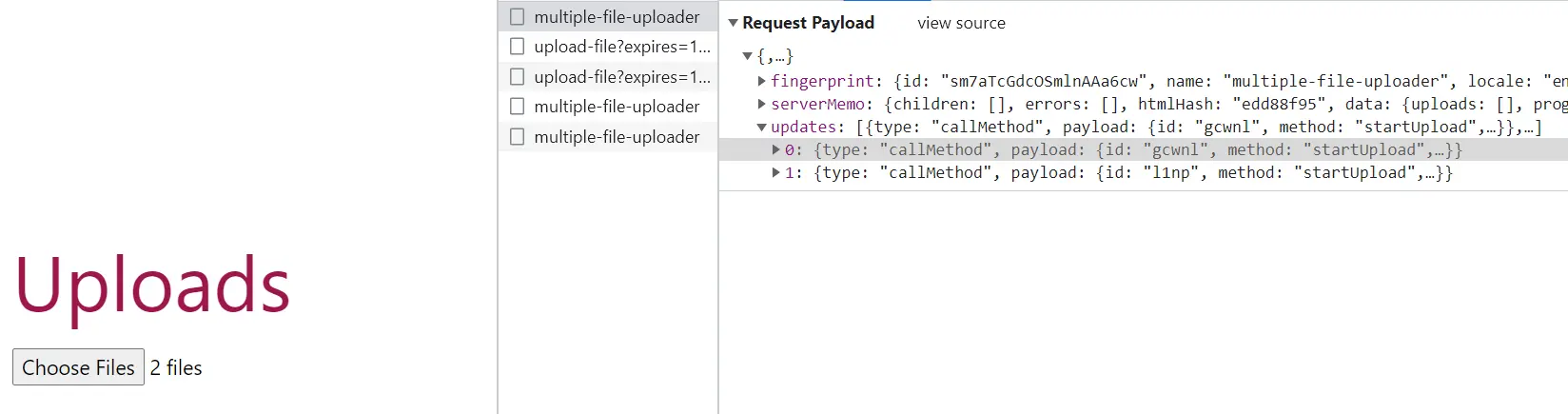 A screenshot of a browser page with the network inspector tab opened to the right. The page contains an Uploads title, and a file input selection with two files selected. The network tab shows five requests, with the first request's payload selected for inspection. The request payload contains several attributes, including "uploads" array containing two entries that both contain an attribute "method" with value of "starUpload"