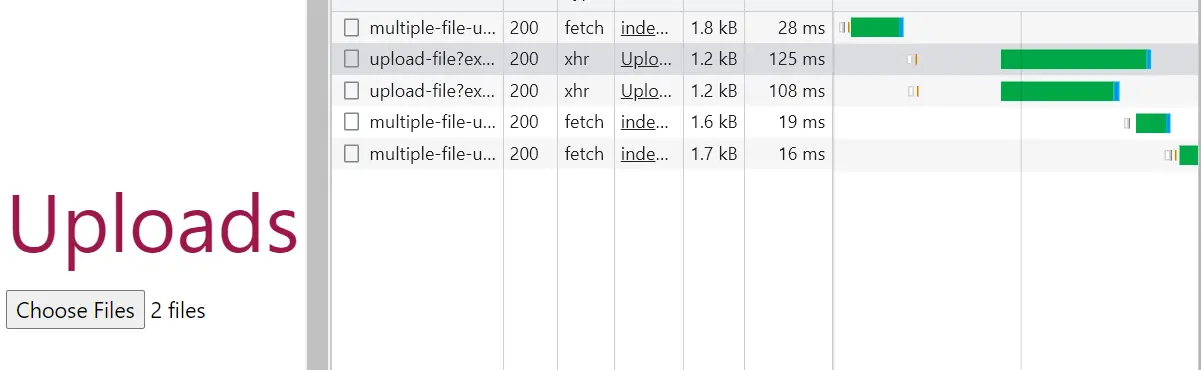 A screenshot of a browser page with the network inspector tab opened to the right. The page contains an Uploads title, and a file input selection with two files selected. The network tab shows five requests. The first call is called at 28 ms, afterwards the second and third are called almost at the same time. The fourth call is sent after, and then finally the fifth.
