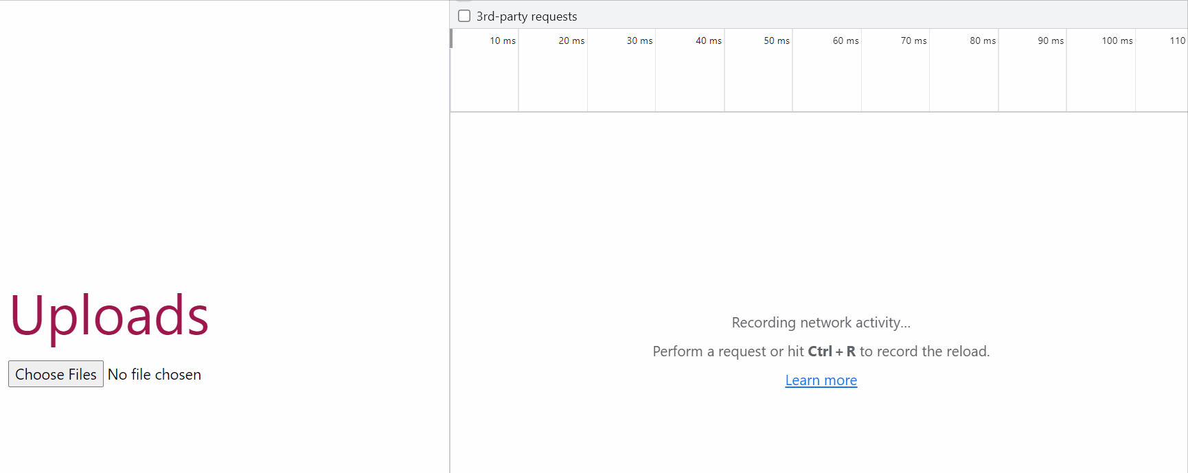A recording of the page mentioned above is shown, with the network inspector tab opened at the left. Three files are selected, triggering seven network calls to be made, and three progress bars to be displayed. Overtime the progress bars increase from 0 to 100