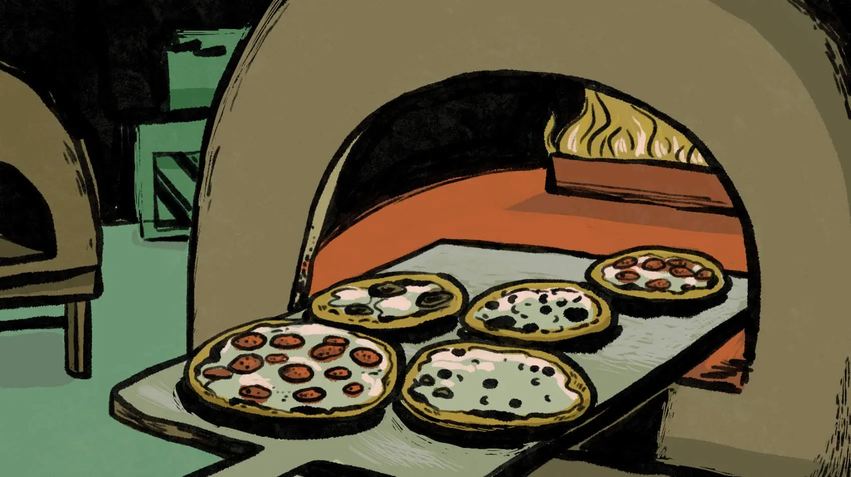 Fire illuminates from within a brick oven. Five, flat pizza doughs rest on a pizza oven shovel emerging from the brick oven. Another brick oven is seen on the left side, along with seemingly box-containers looming further back.
