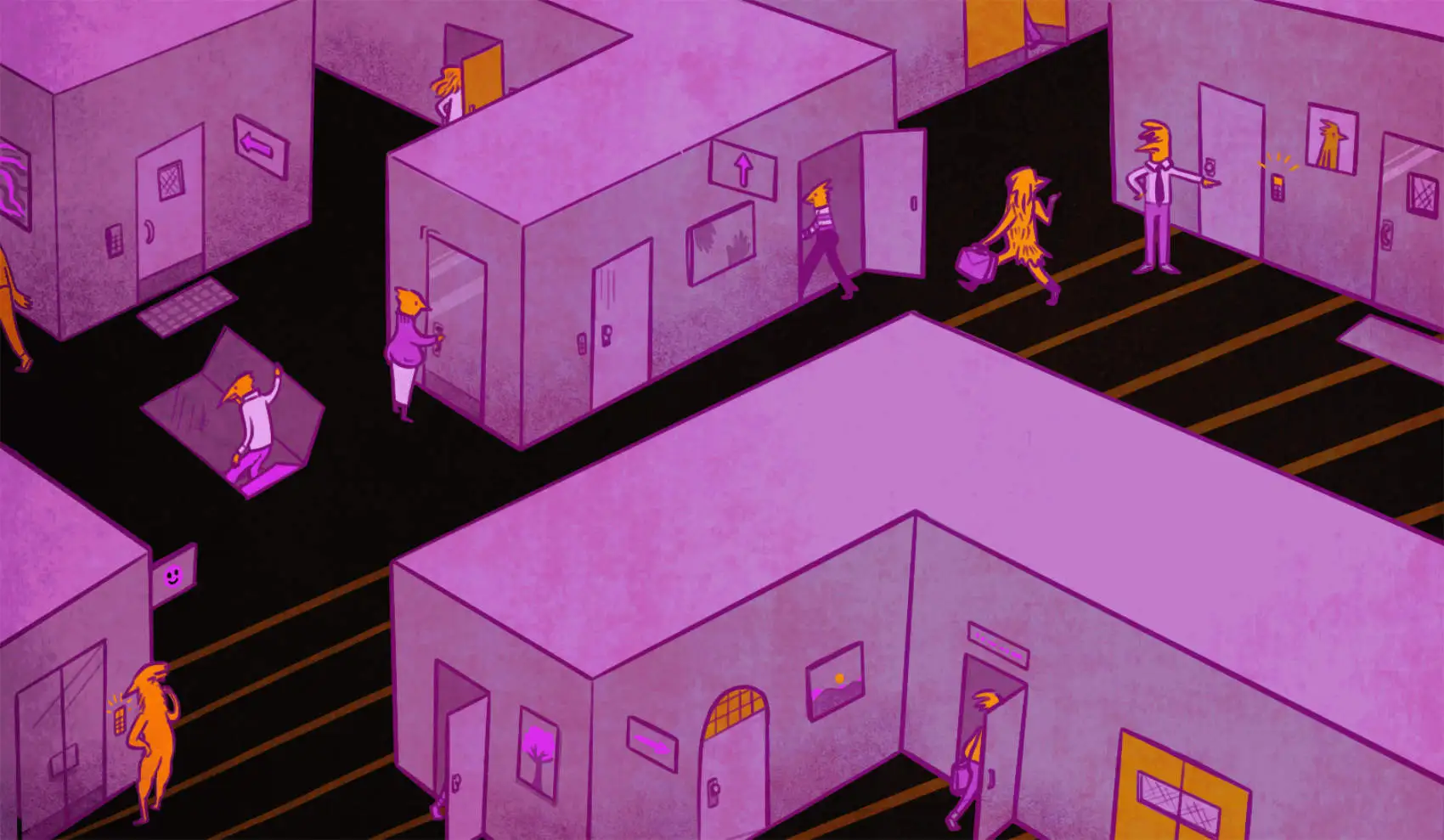 A bunch of offices in the shape of the Laravel L, where rooms are secured by guards, key-cards and the like.