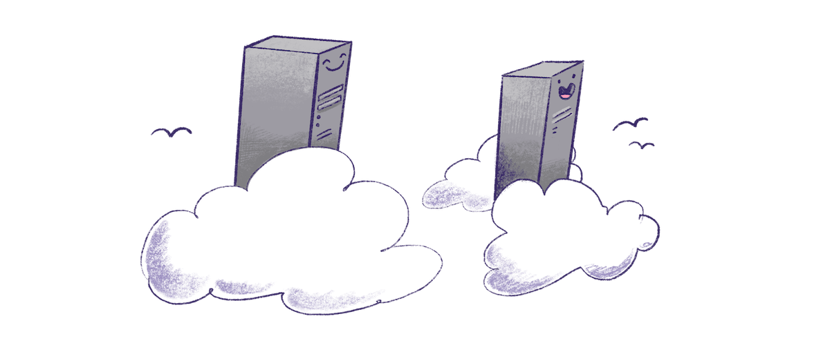Illustration by Annie Ruygt of two happy Machines sitting on clouds