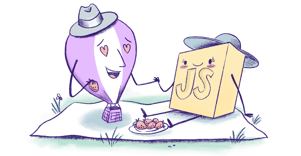 Illustration by Annie Ruygt of Frankie the balloon having a picnic with an app and eating strawberries