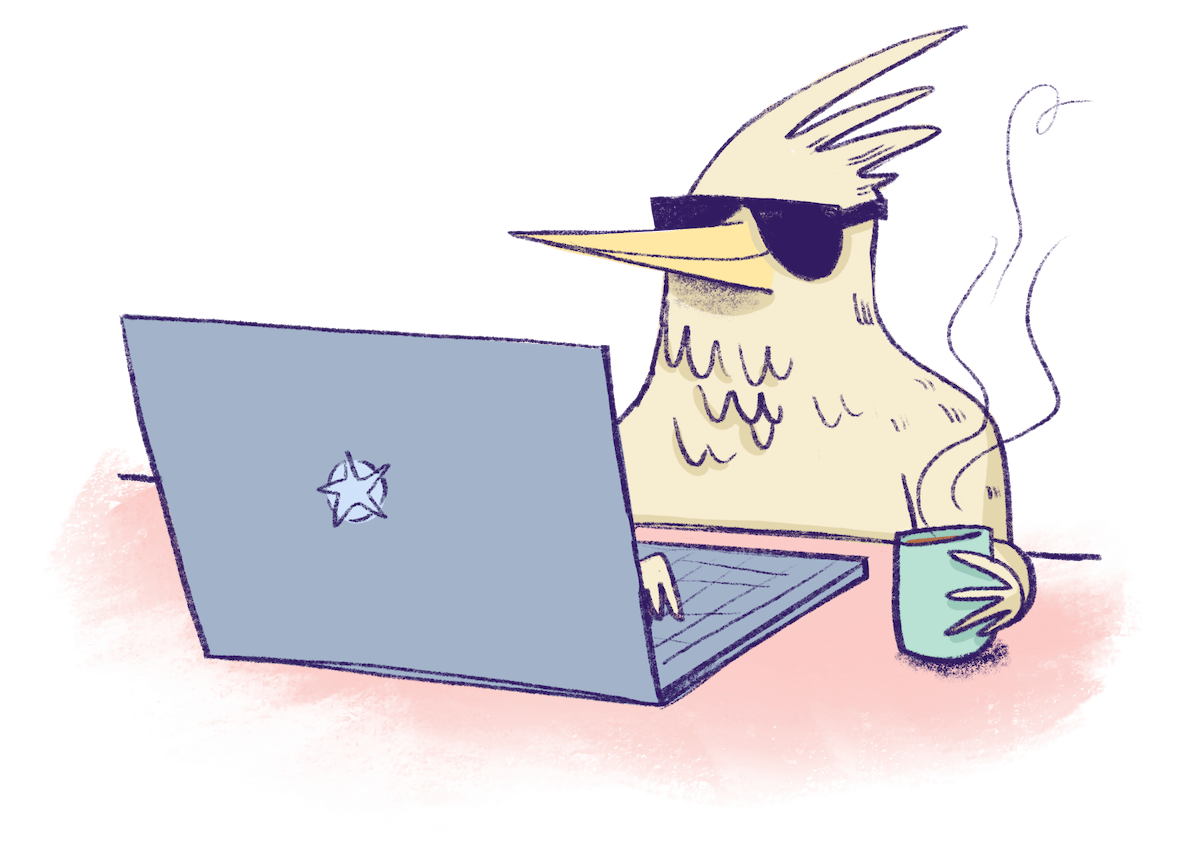 Illustration by Annie Ruygt of a bird working on a laptopn