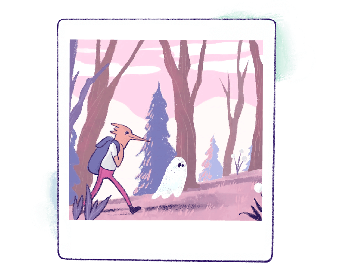 Illustration by Annie Ruygt of a printed photo depicting a bird and a ghost backpacking through a forest