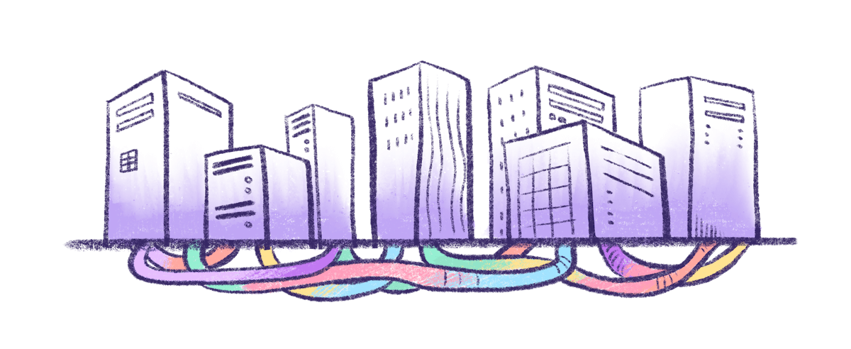 Illustration by Annie Ruygt of computers that look like buildings connected through underground tunnels