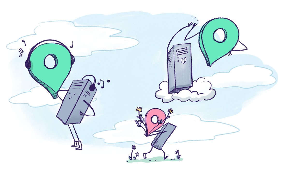 Illustration by Annie Ruygt of servers in different regions with map markers