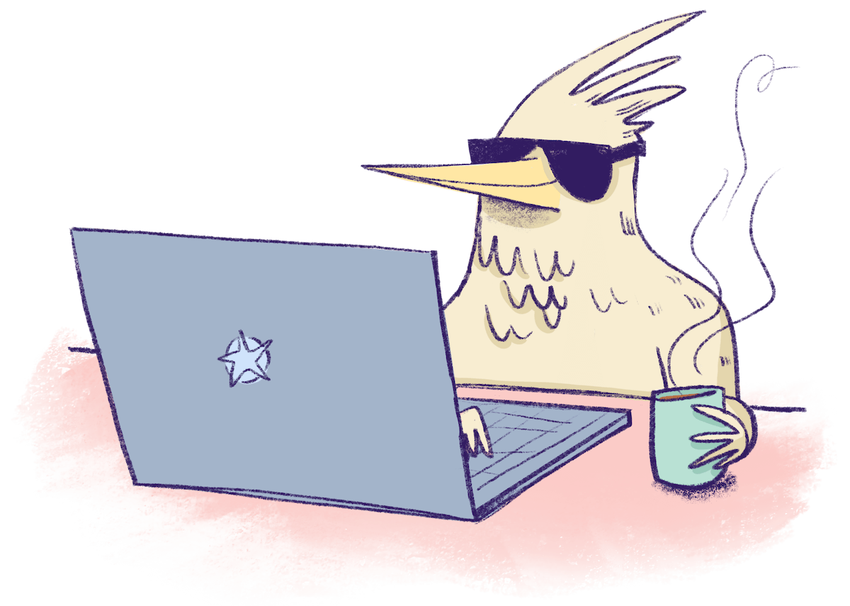 Illustration by Annie Ruygt of bird working at their computer while drinking coffee
