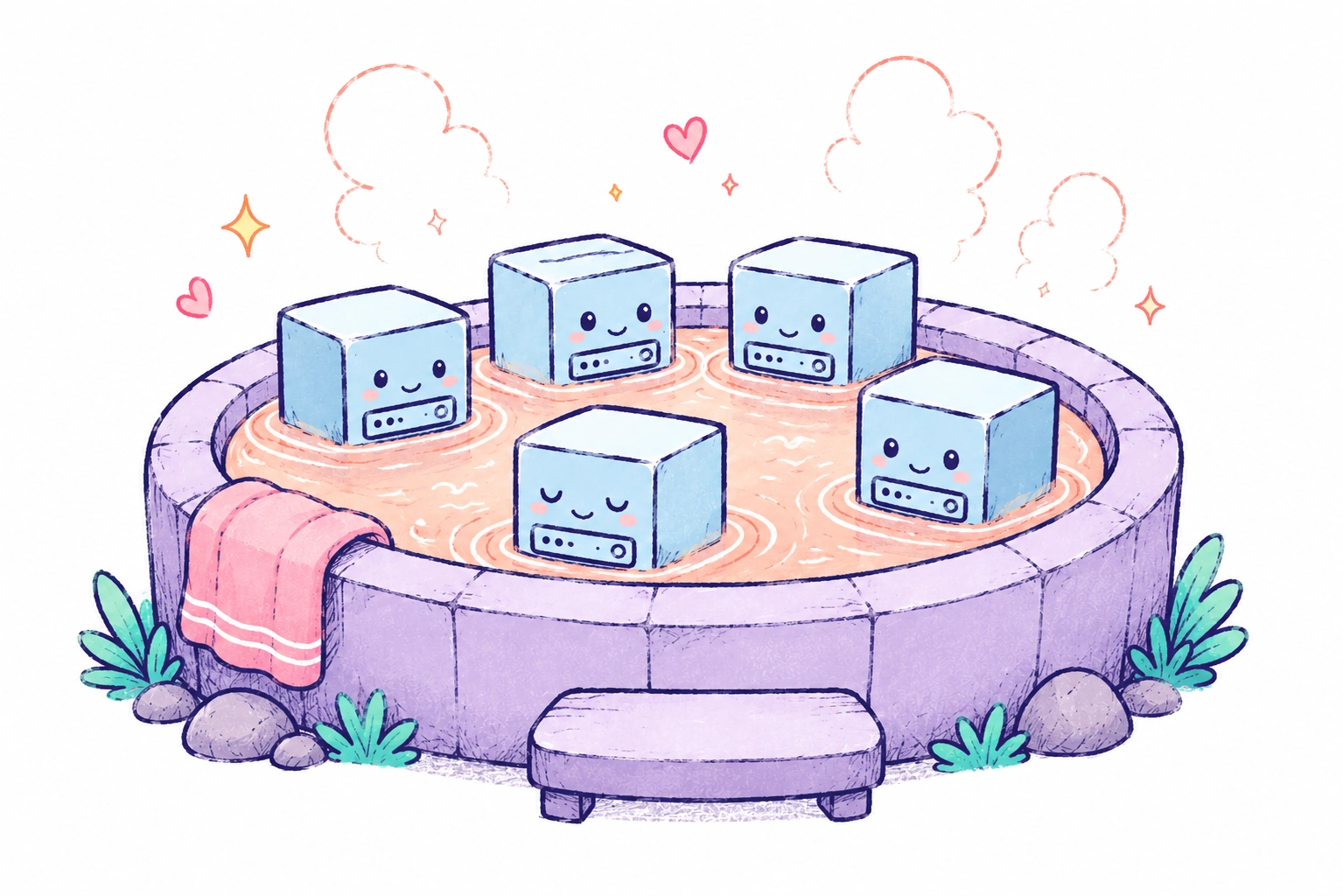 Illustration of five smiling cube-shaped Machines relaxing together in a steaming hot tub