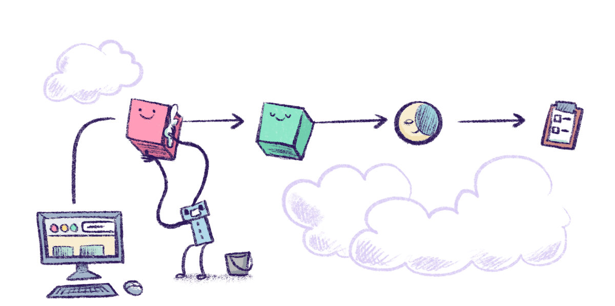 Illustration by Annie Ruygt of a robot setting up a queue of boxes and tasks